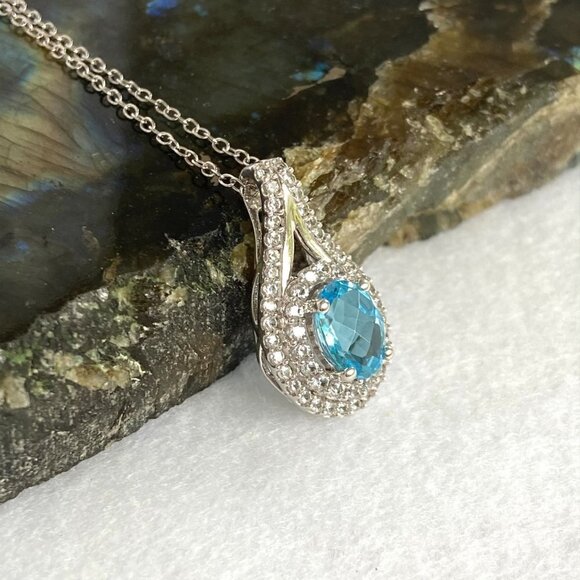 Sterling Silver 925 P☆M Oval Blue Topaz White Topaz Double Halo Pendant Necklace - Picture 8 of 16